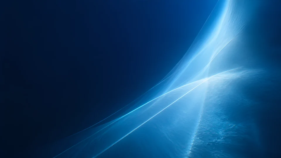 A kilometer of ocean-blue light bends into one translucent caustic plane across midnight cobalt.