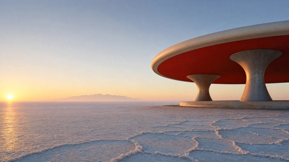 An ivory transit canopy lifts a vermilion inner plane above a salt desert waking into apricot light.