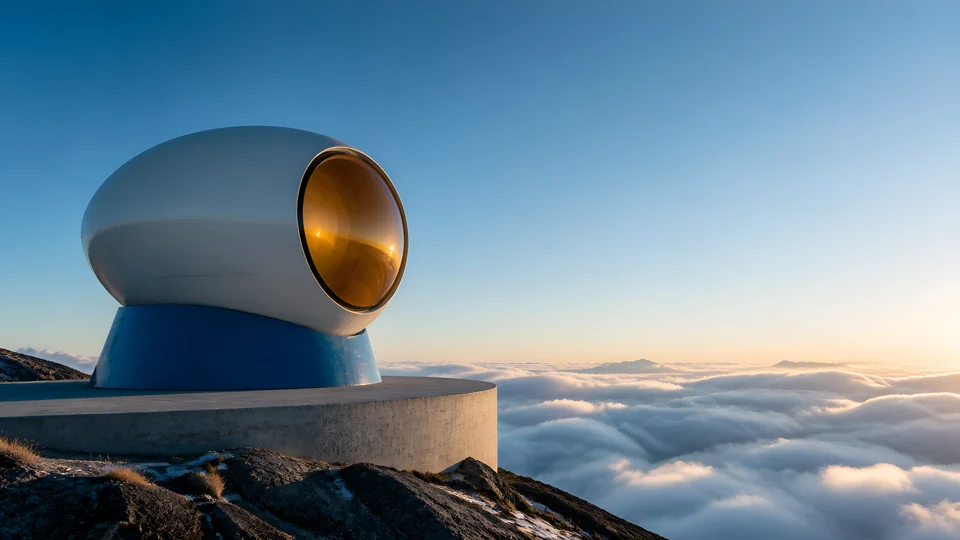 A pearl observatory and amber optical eye keep a silent watch above the morning cloud deck.