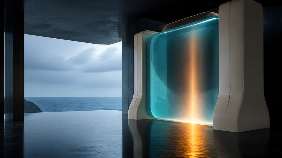 A cyan fluid reservoir turns overcast ocean light into one warm signal across a basalt floor.
