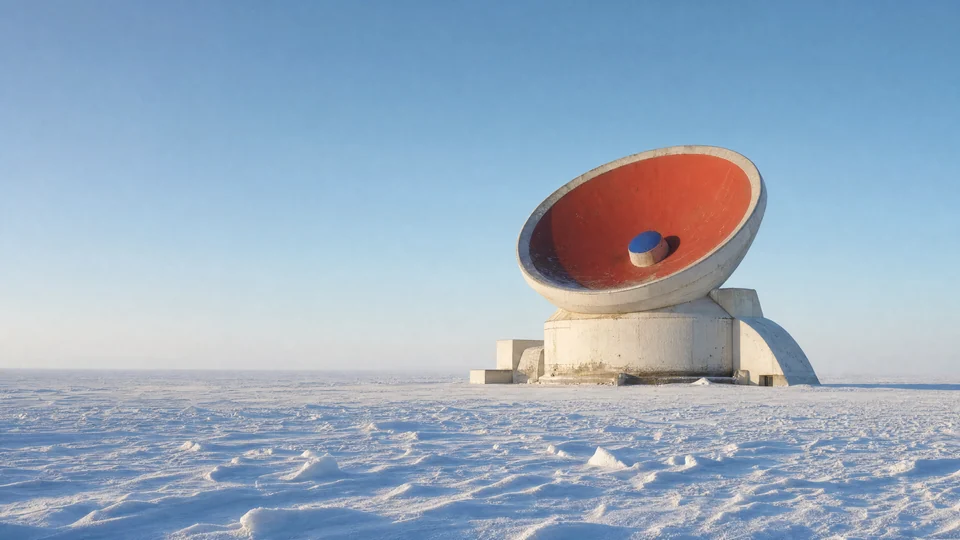 A vermilion receiver rises from an ivory polar station, holding one impossible color against the snow.