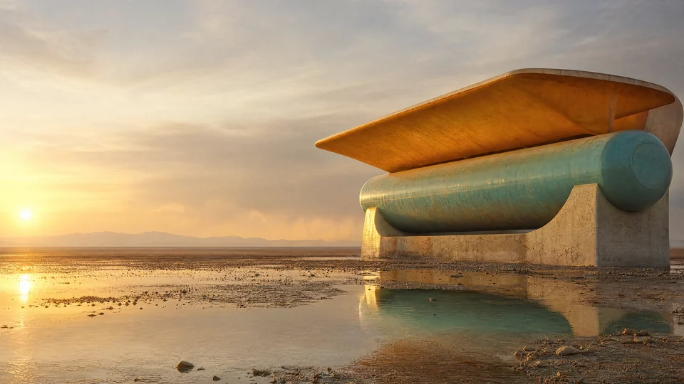 A turquoise atmospheric drum and amber intake fin meet the desert at the instant a storm clears.