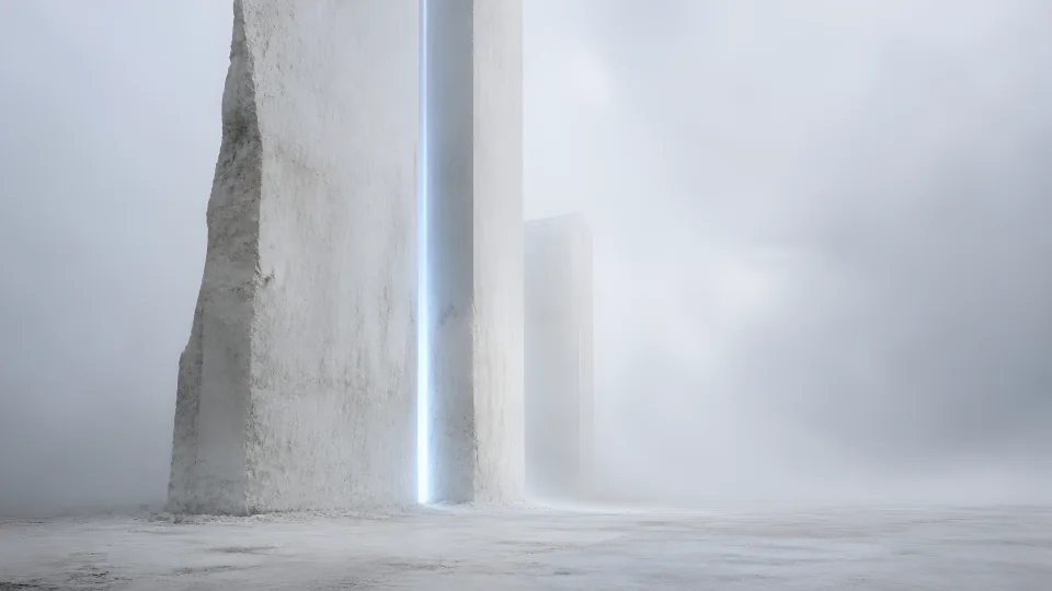 Tall chalk planes nearly meet around a cold blue seam while pearl fog erases the far chamber.