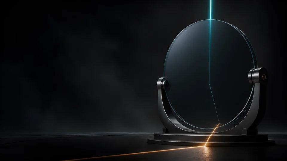 A smoked-glass heliostat bends cool measurement light through a massive, nearly weightless optical plate.