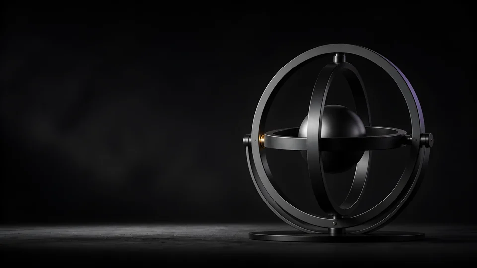 Three complete gimbal rings suspend a dense graphite rotor inside a field of blue-black stillness.
