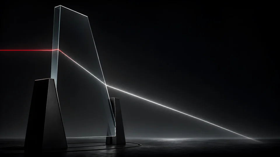 One hairline signal folds through a thick smoked prism and exits as a warm-white seam.