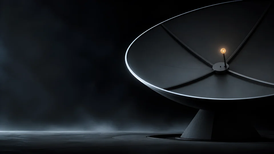 An edge-on listening dish rises from its azimuth bearing under a single cold rim and amber alignment point.