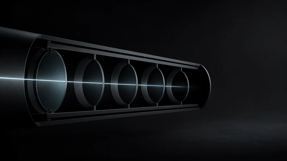 Nested optical baffles emerge from darkness as an architectural barrel trained on an empty chamber.