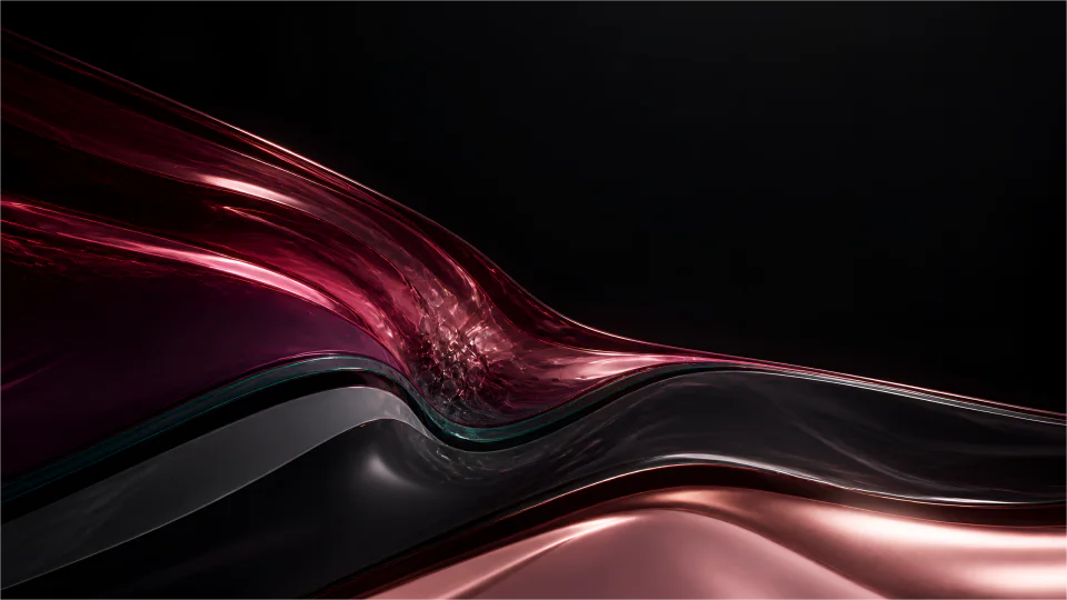 Oxblood and graphite terraces cross a rose-chrome basin.