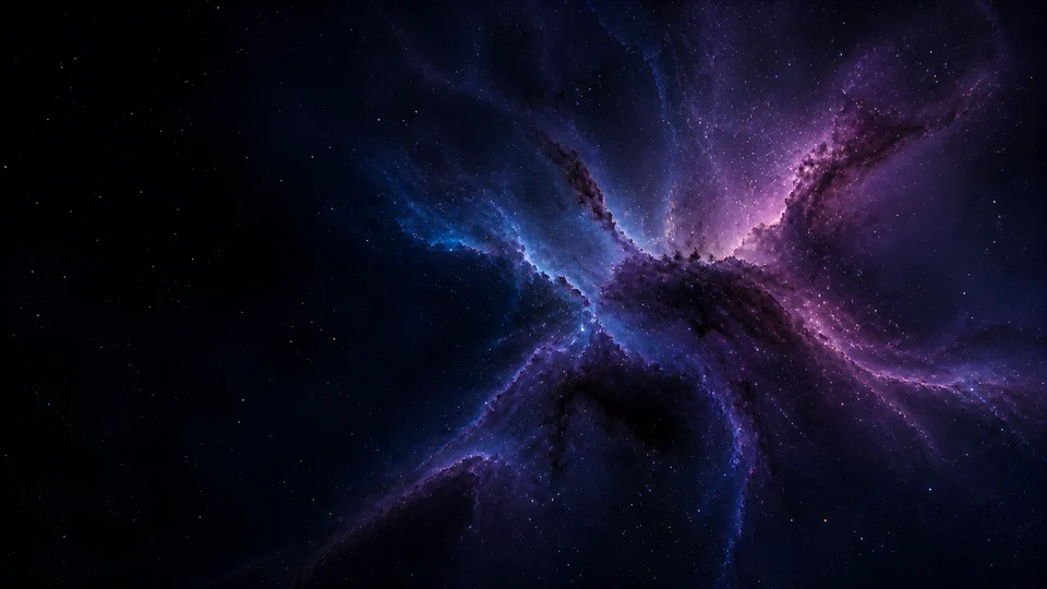 Ultraviolet gas, molecular dust, and stellar-wind cavities cross a calm field of deep-space blue.
